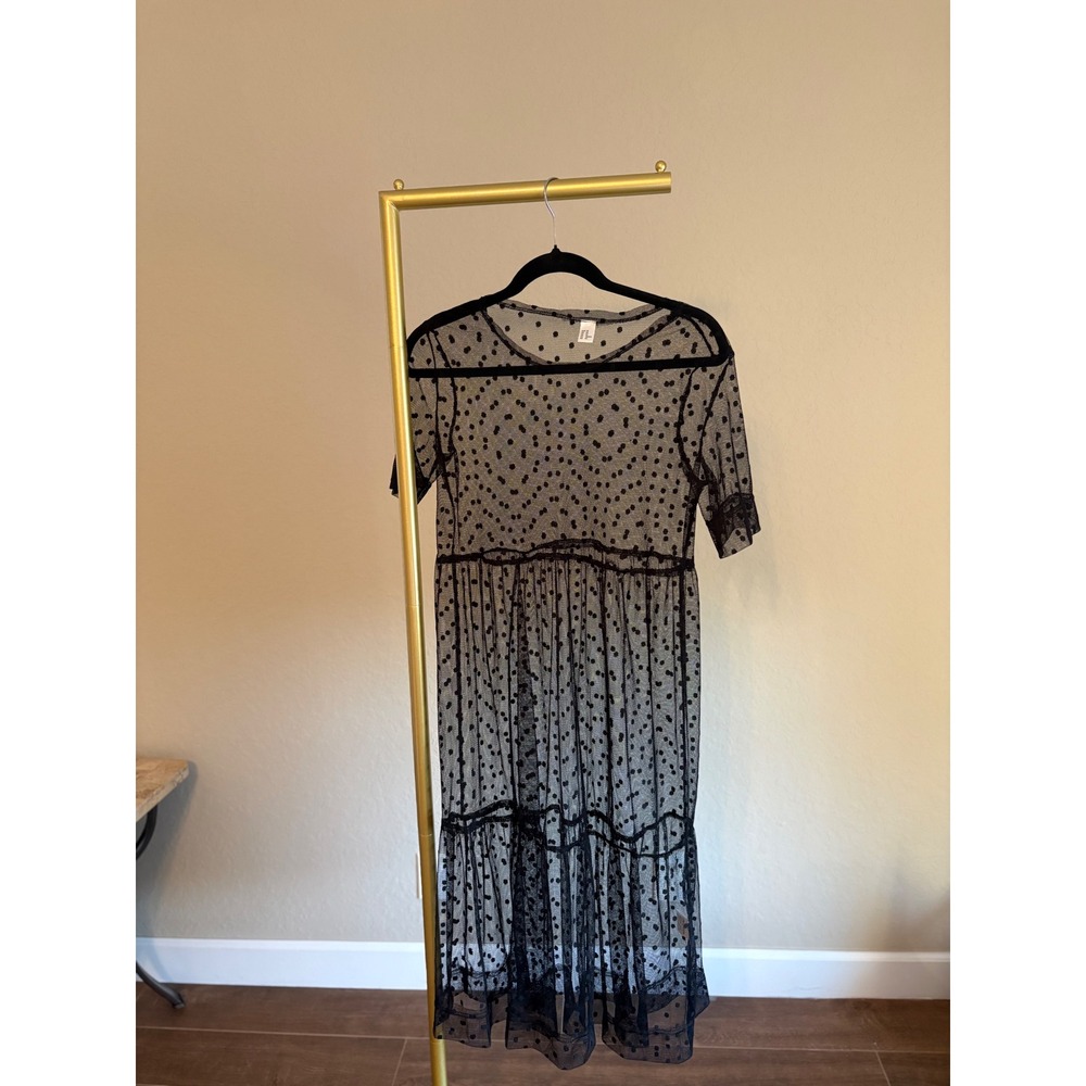 Sheer Black Polka Dot Mesh Midi Dress Short Sleeve Tiered Layering Whimsigoth XS